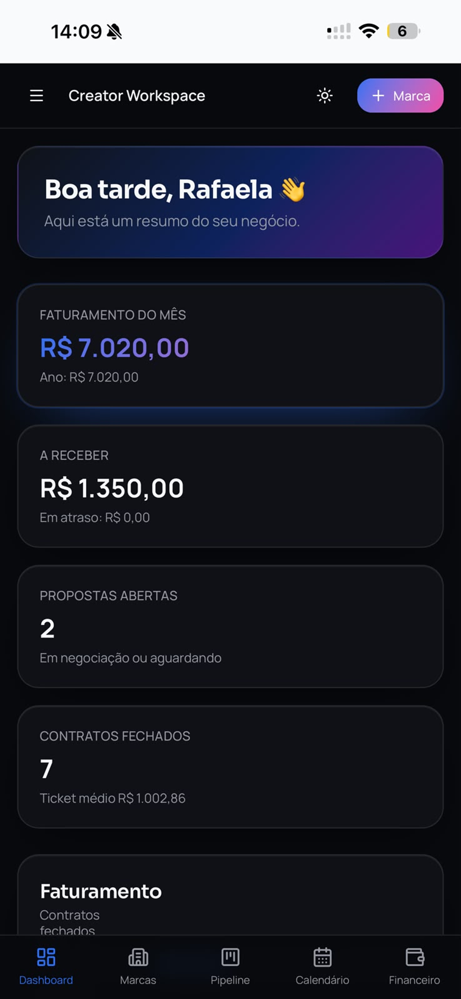 Creator Workspace no celular — Resumo do dia