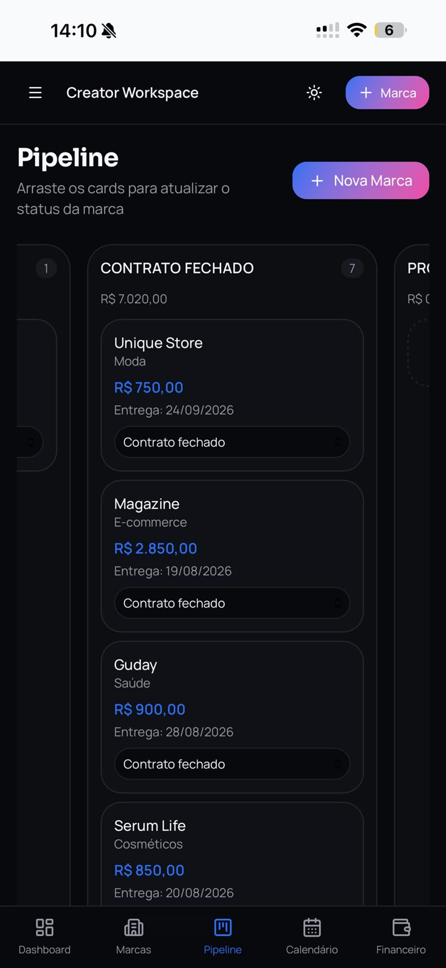 Creator Workspace no celular — Pipeline