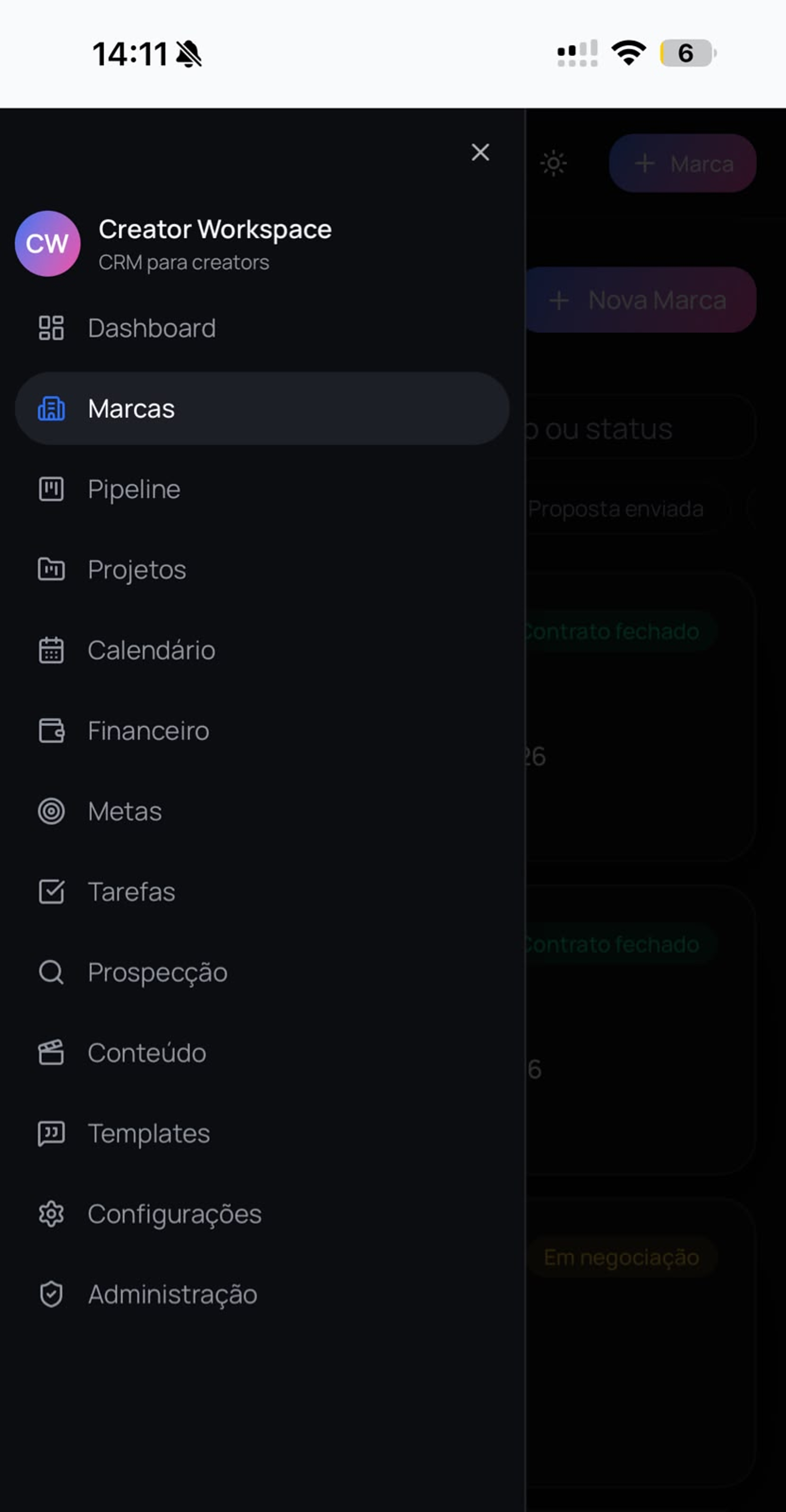 Creator Workspace no celular — Tudo em um menu