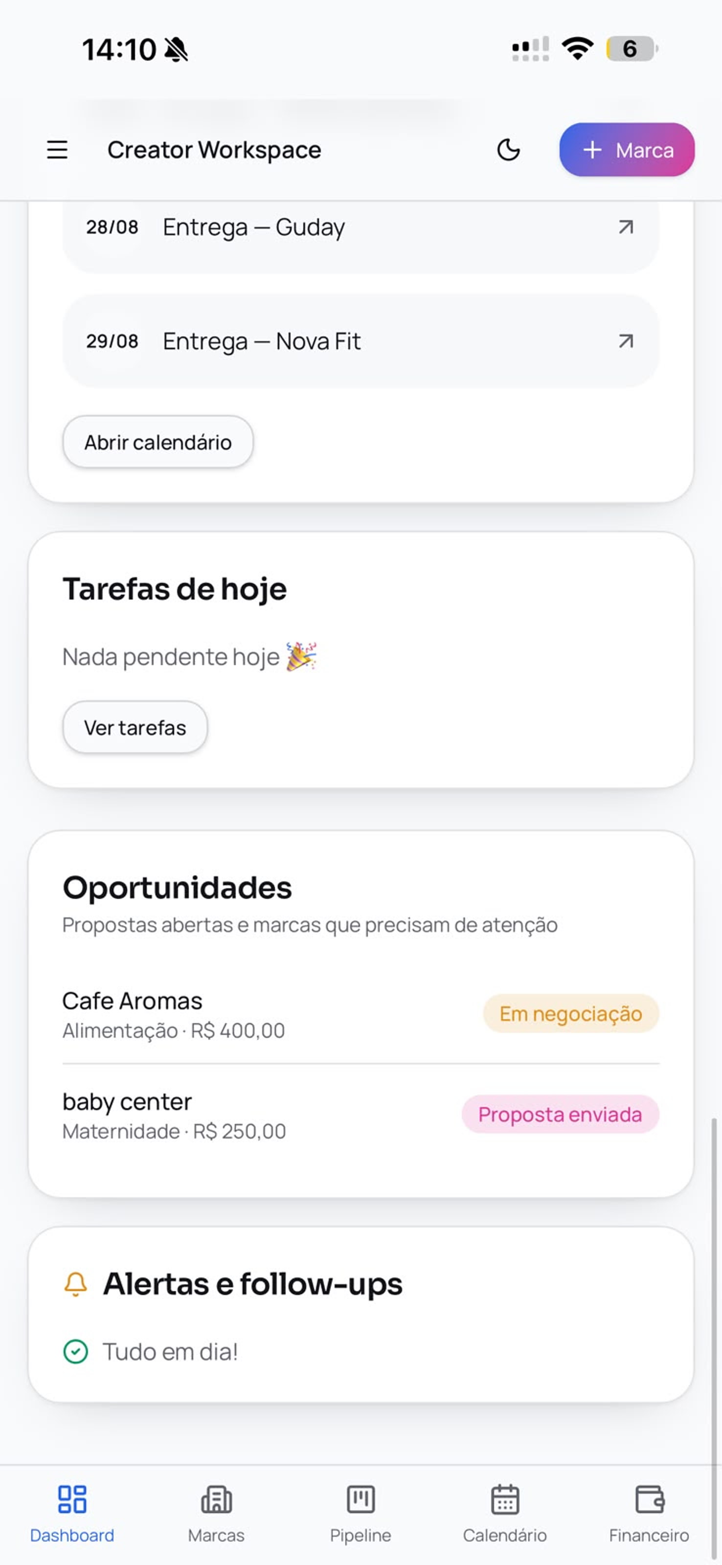 Creator Workspace no celular — Oportunidades