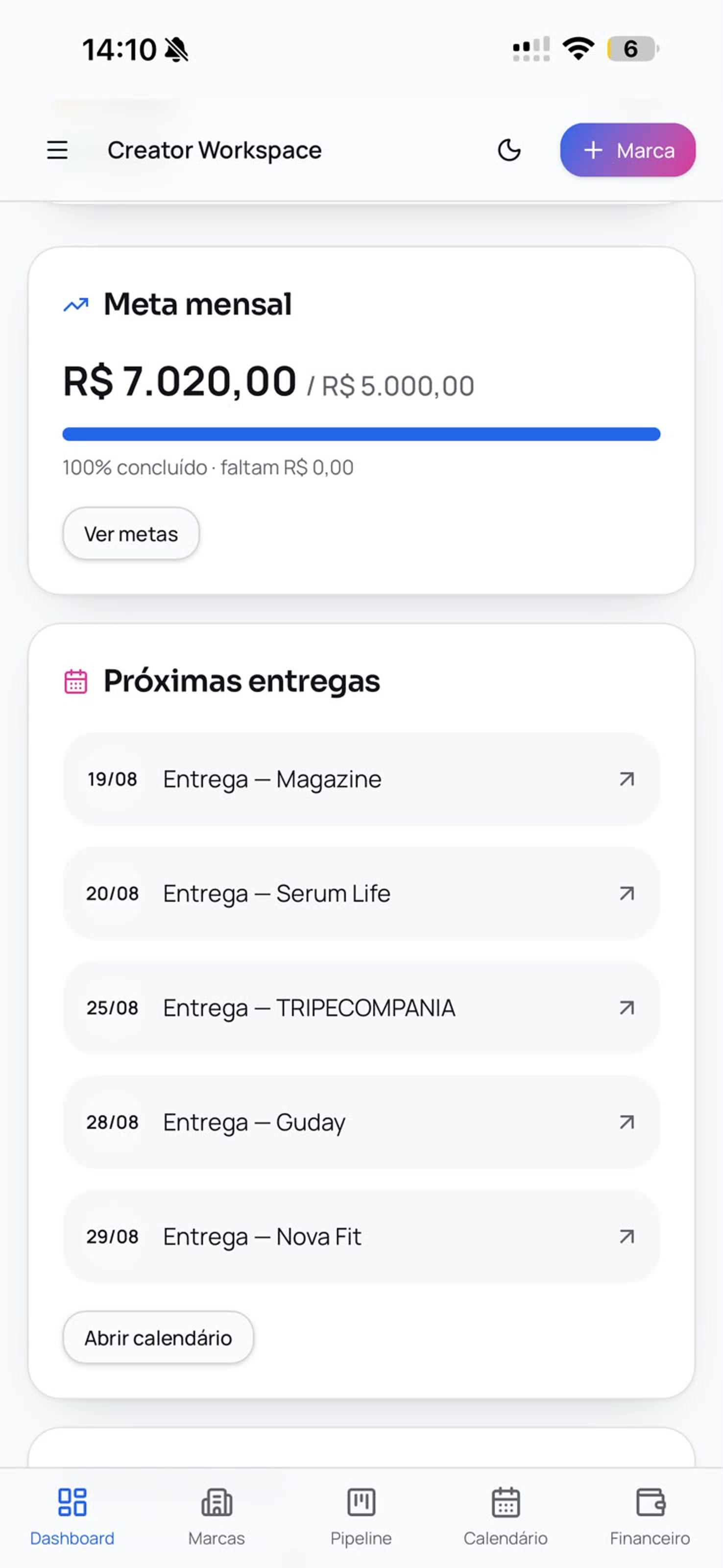 Creator Workspace no celular — Metas & entregas