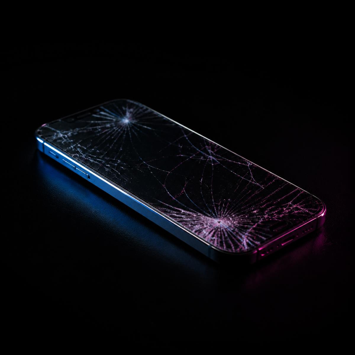 Celular com a tela quebrada sobre fundo preto